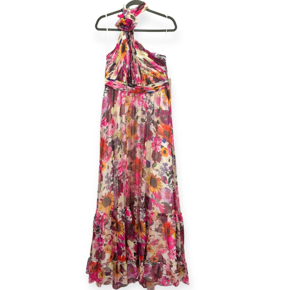 Sold. Mac Duggal NEW Asymmetrical Ruffled Halter Floral Chiffon Gown Size 10 - Picture 2 of 16